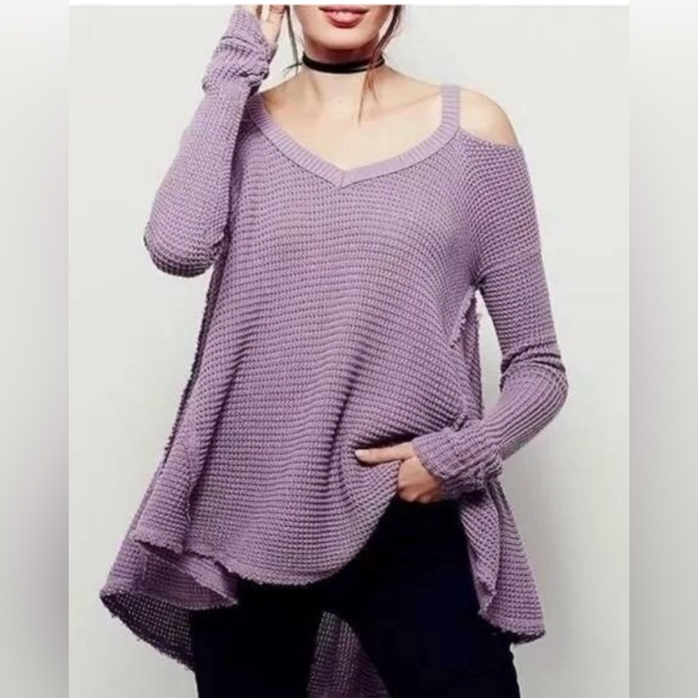 Free People Moonshine Cold Shoulder Waffle Sweater Purple Cotton Women’s Size XS